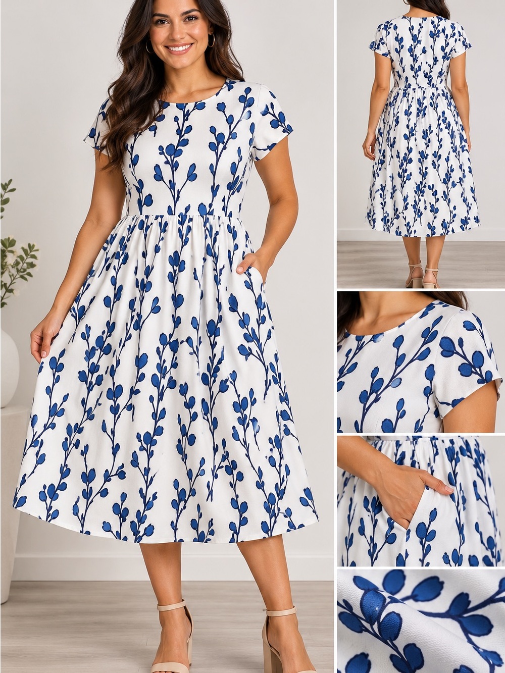 Blue Floral Midi Dress - Women